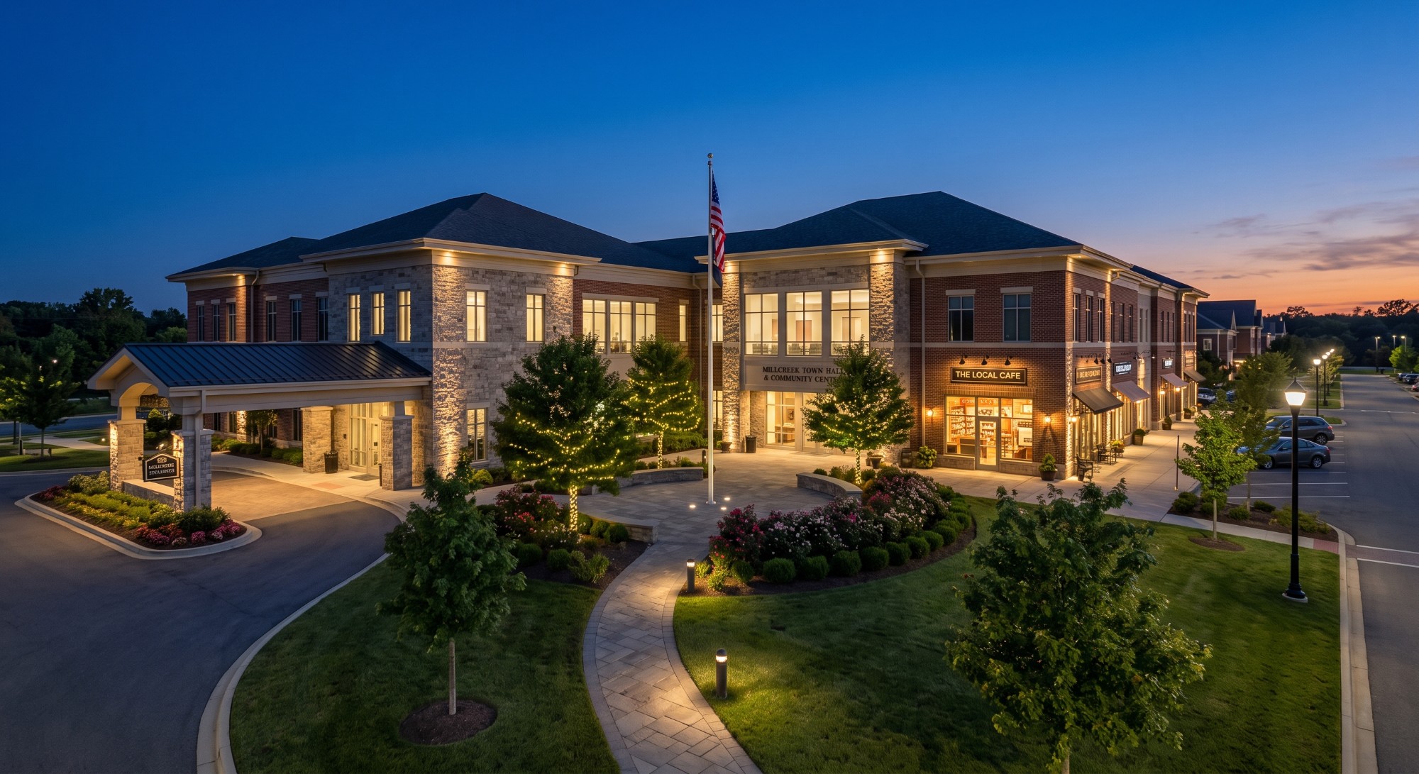 A two-storey brick and stone commercial plaza at dusk, its soffit lines and stone piers lit warm, with string-wrapped trees along the entrance walk and lit storefronts under awnings to the right.