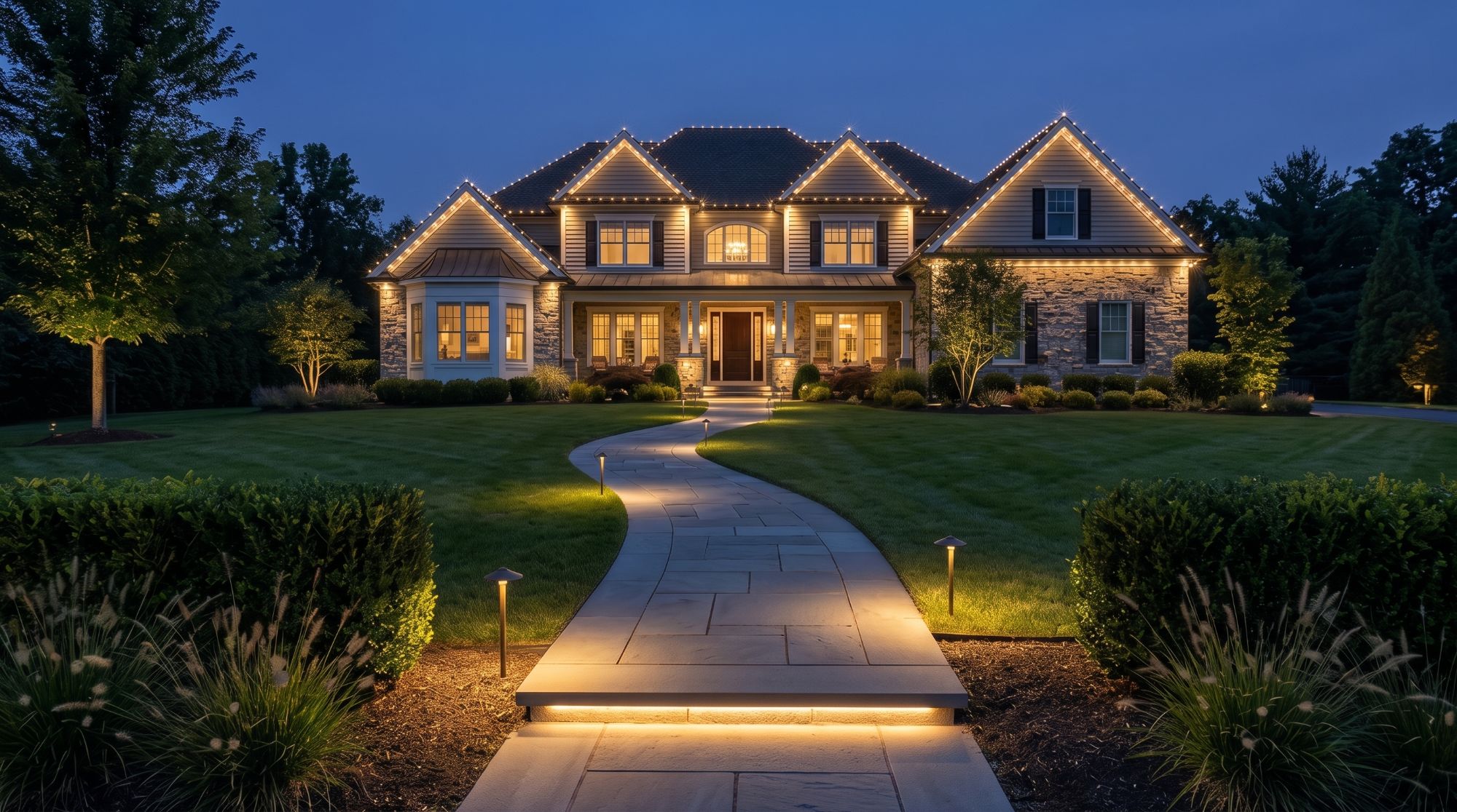 A two-storey house at dusk with warm lights following every roofline and gable, lit windows, and a stone walkway lined with low path lights leading to the door.