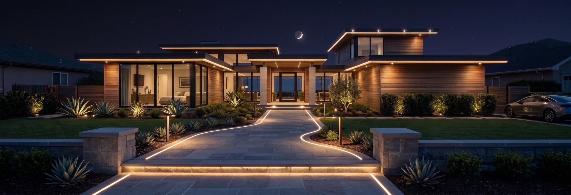 A low modern house at night, its eaves and steps picked out in continuous warm light, with a lit path curving to the entrance.