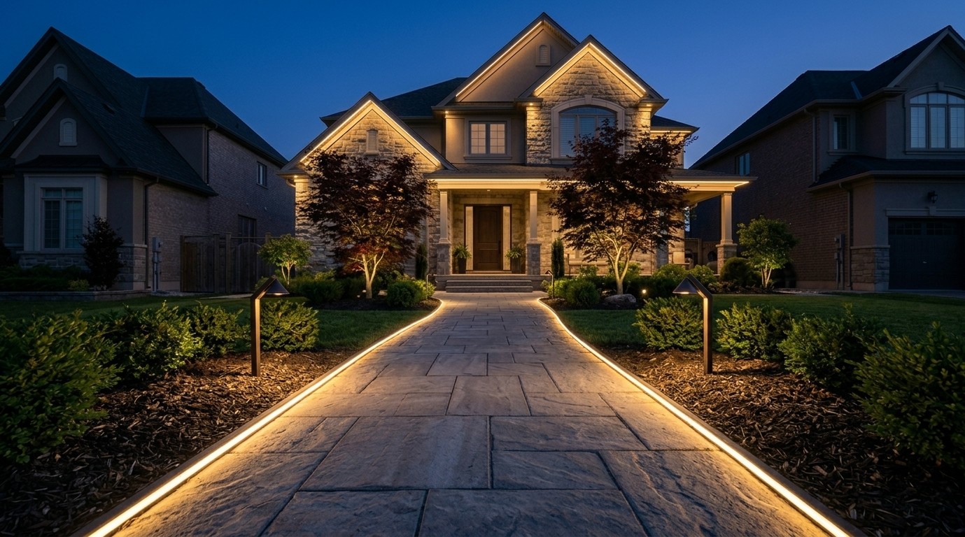 A stone walkway lit along both edges leading to a two-storey house at dusk, with warm light along the rooflines and uplit trees either side of the path.
