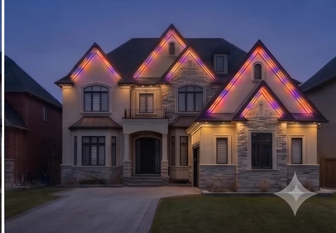 The same roofline in orange and violet along the gables.